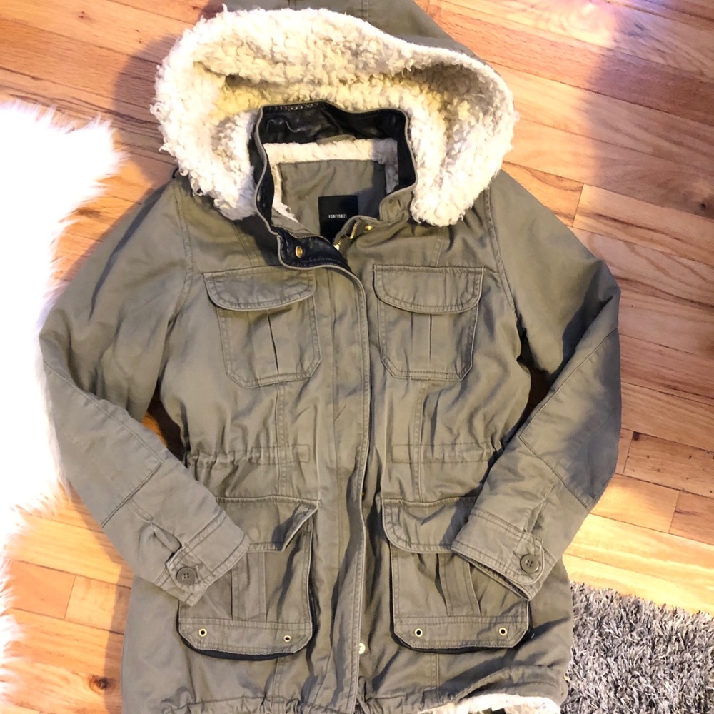 Army Green Parka Winter Coat with White Fur Lining
